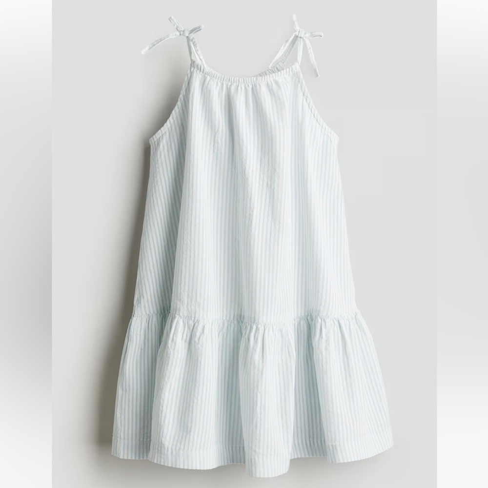 H&M Blue and White Midi A-Line Dress with Smocked Tiered Design